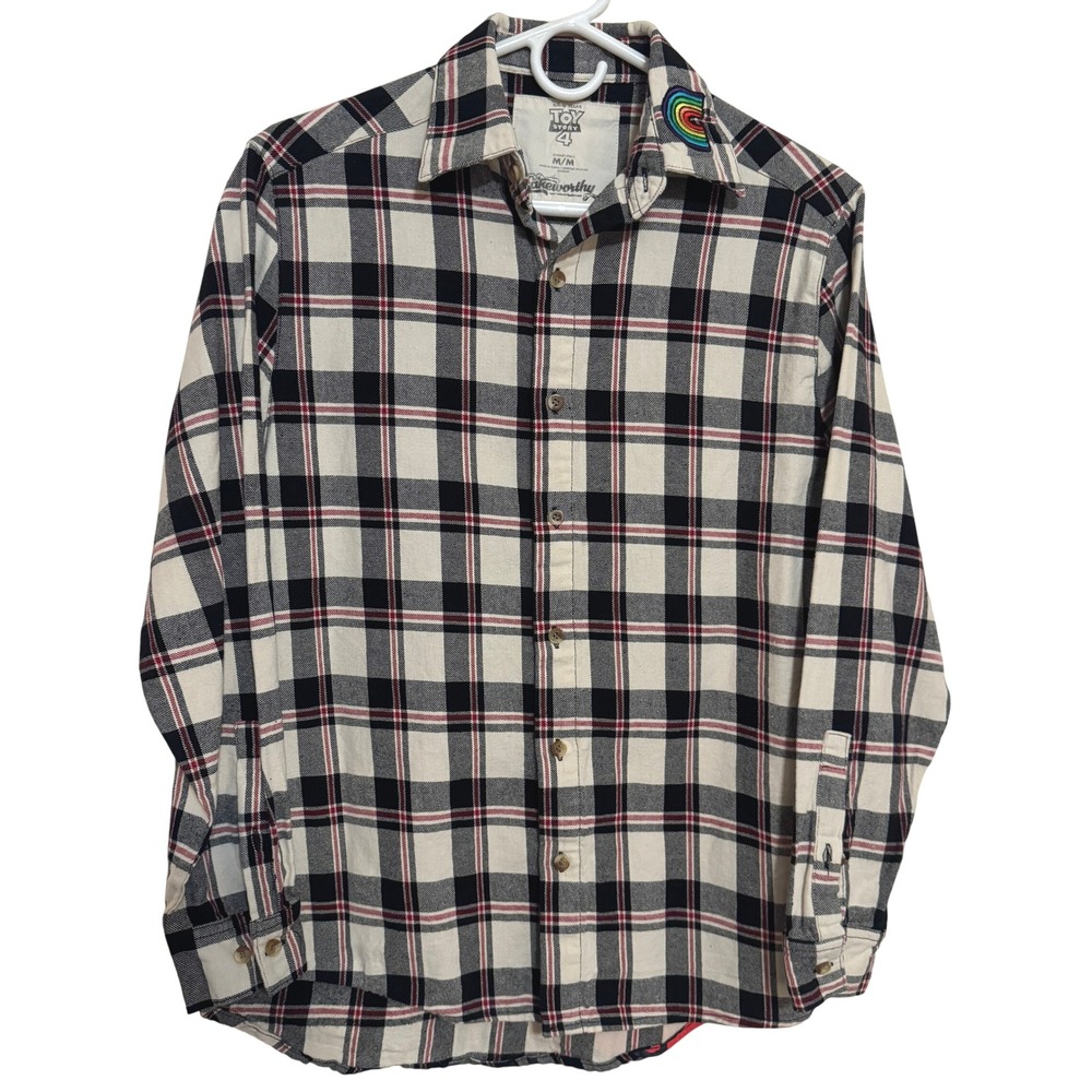 Disney Cakeworthy Flannel Shirt Mens Medium Toy Story 4 forky black white plaid‎